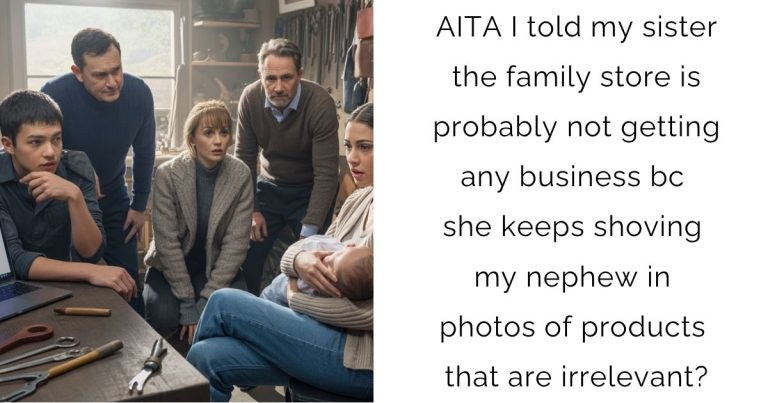 AITA I told my sister the family store is probably not getting any business bc she keeps shoving my nephew in photos of products that are irrelevant?