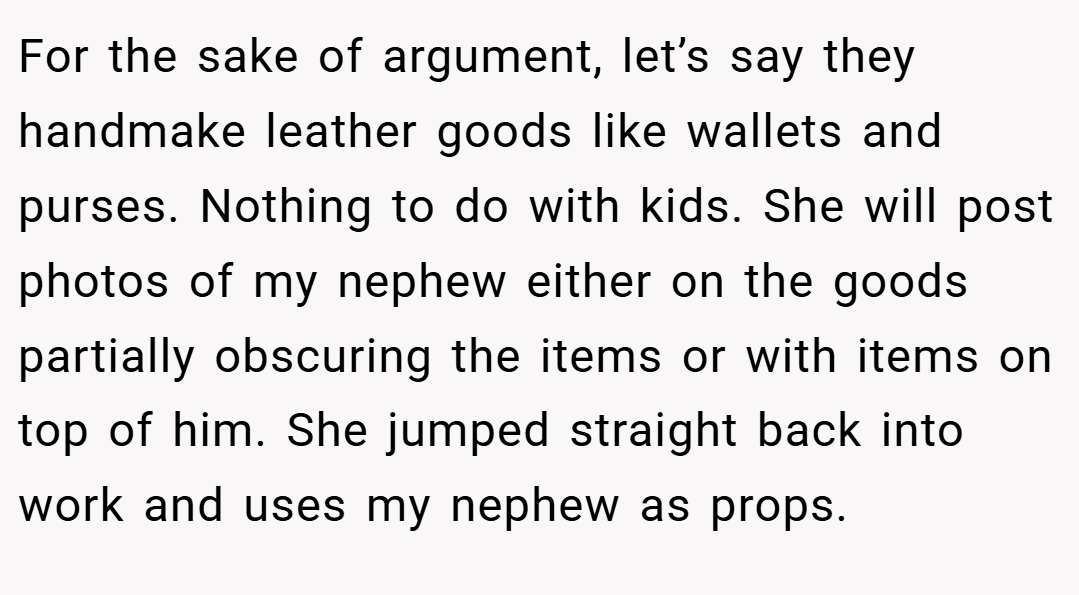 For the sake of argument, let’s say they handmake leather goods like wallets and purses. Nothing to do with kids. She will post photos of my nephew either on the goods partially obscuring the items or with items on top of him. She jumped straight back into work and uses my nephew as props.