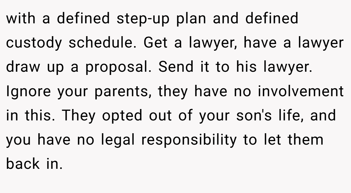 with a defined step-up plan and defined custody schedule. Get a lawyer, have a lawyer draw up a proposal. Send it to his lawyer. Ignore your parents, they have no involvement in this. They opted out of your son's life, and you have no legal responsibility to let them back in.