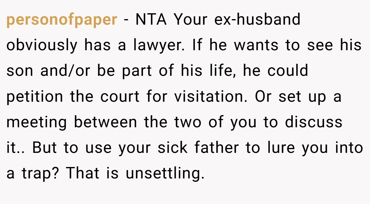personofpaper − NTA Your ex-husband obviously has a lawyer. If he wants to see his son and/or be part of his life, he could petition the court for visitation. Or set up a meeting between the two of you to discuss it.. But to use your sick father to lure you into a trap? That is unsettling.