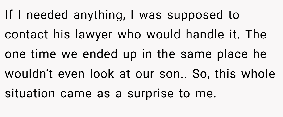 If I needed anything, I was supposed to contact his lawyer who would handle it. The one time we ended up in the same place he wouldn’t even look at our son.. So, this whole situation came as a surprise to me.