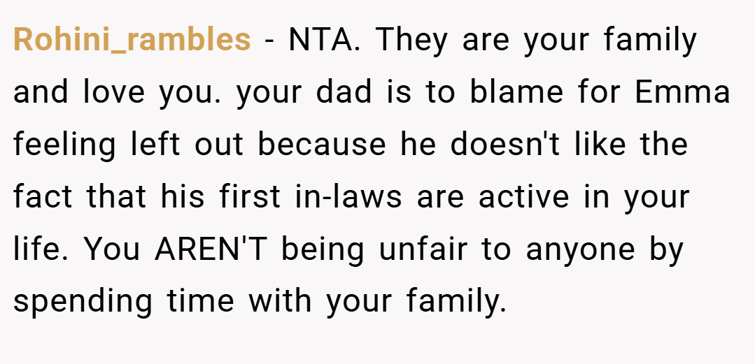 Rohini_rambles − NTA. They are your family and love you. your dad is to blame for Emma feeling left out because he doesn't like the fact that his first in-laws are active in your life. You AREN'T being unfair to anyone by spending time with your family.
