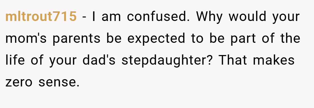 mltrout715 − I am confused. Why would your mom's parents be expected to be part of the life of your dad's stepdaughter? That makes zero sense.