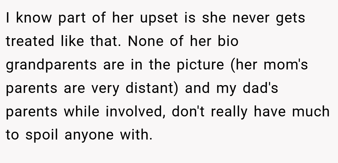 I know part of her upset is she never gets treated like that. None of her bio grandparents are in the picture (her mom's parents are very distant) and my dad's parents while involved, don't really have much to spoil anyone with.