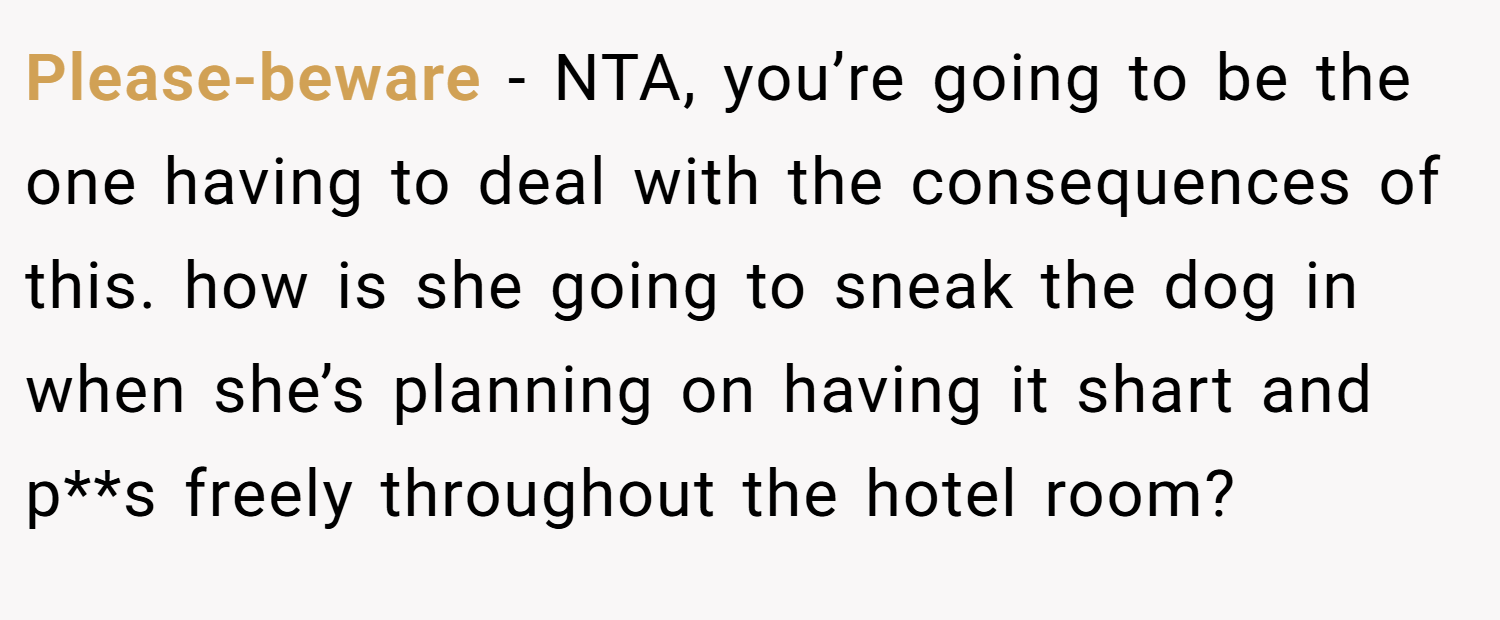 Please-beware − NTA, you’re going to be the one having to deal with the consequences of this. how is she going to sneak the dog in when she’s planning on having it shart and p**s freely throughout the hotel room?