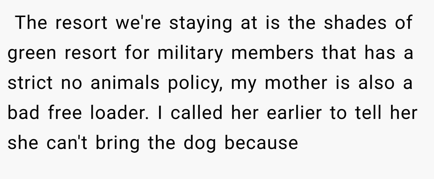  The resort we're staying at is the shades of green resort for military members that has a strict no animals policy, my mother is also a bad free loader. I called her earlier to tell her she can't bring the dog because