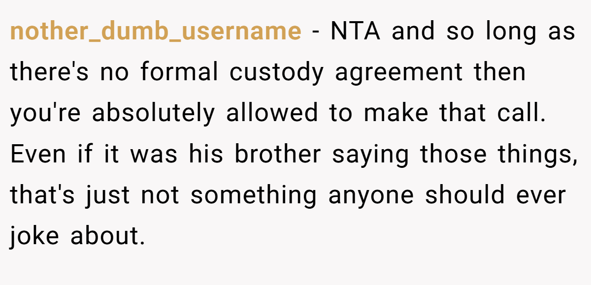 nother_dumb_username − NTA and so long as there's no formal custody agreement then you're absolutely allowed to make that call. Even if it was his brother saying those things, that's just not something anyone should ever joke about.
