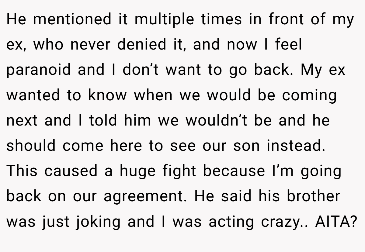 He mentioned it multiple times in front of my ex, who never denied it, and now I feel paranoid and I don’t want to go back. My ex wanted to know when we would be coming next and I told him we wouldn’t be and he should come here to see our son instead. This caused a huge fight because I’m going back on our agreement. He said his brother was just joking and I was acting crazy.. AITA?