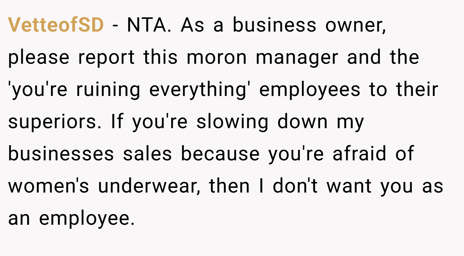 VetteofSD − NTA. As a business owner, please report this moron manager and the 'you're ruining everything' employees to their superiors. If you're slowing down my businesses sales because you're afraid of women's underwear, then I don't want you as an employee.