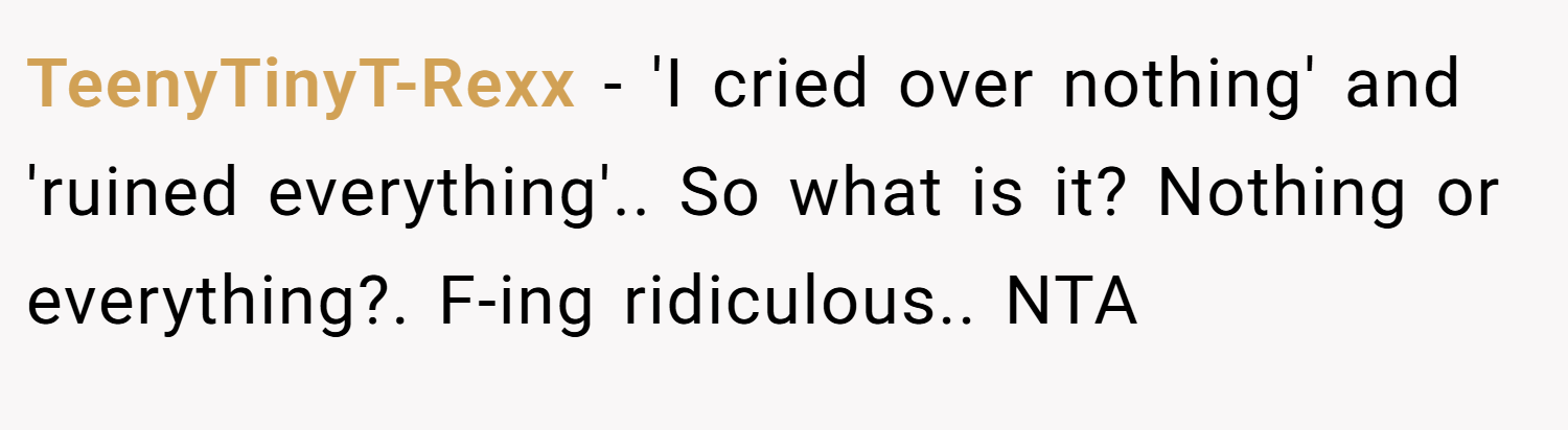 TeenyTinyT-Rexx − 'I cried over nothing' and 'ruined everything'.. So what is it? Nothing or everything?. F-ing ridiculous.. NTA