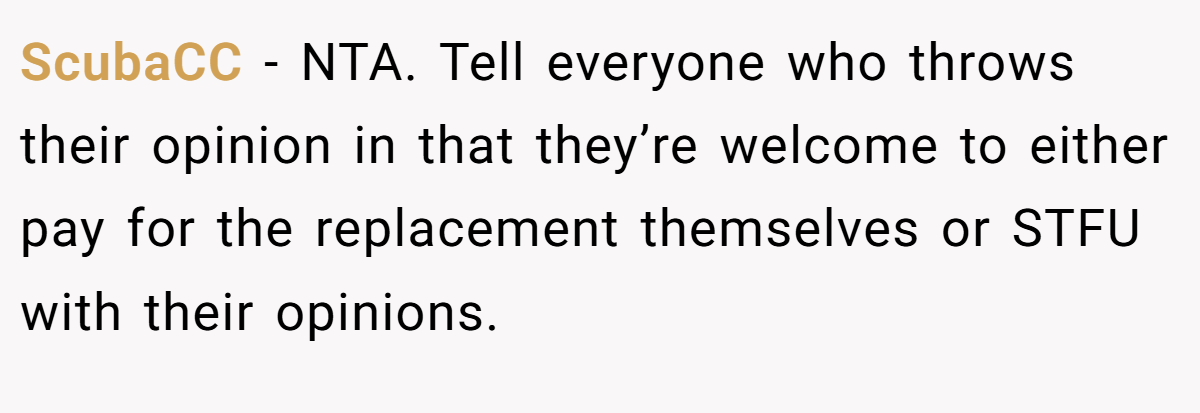 ScubaCC − NTA. Tell everyone who throws their opinion in that they’re welcome to either pay for the replacement themselves or STFU with their opinions.