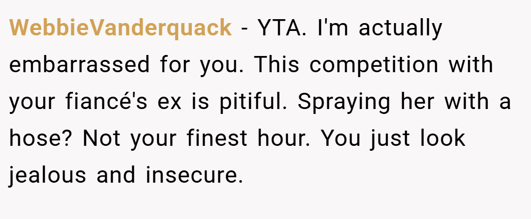 WebbieVanderquack − YTA. I'm actually embarrassed for you. This competition with your fiancé's ex is pitiful. Spraying her with a hose? Not your finest hour. You just look jealous and insecure.