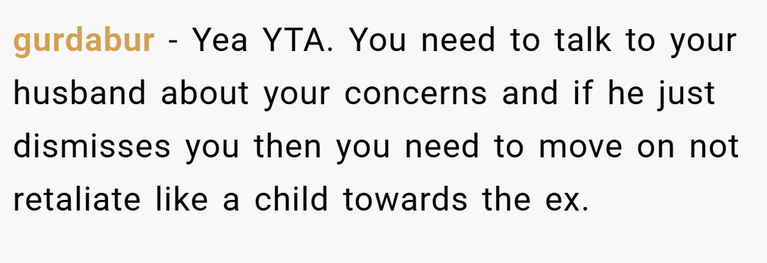 gurdabur − Yea YTA. You need to talk to your husband about your concerns and if he just dismisses you then you need to move on not retaliate like a child towards the ex.