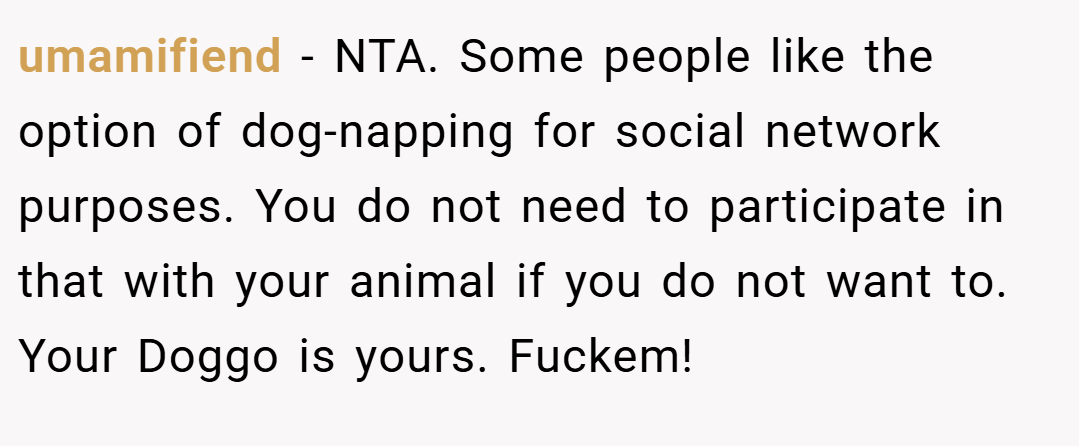 umamifiend − NTA. Some people like the option of dog-napping for social network purposes. You do not need to participate in that with your animal if you do not want to. Your Doggo is yours. Fuckem!