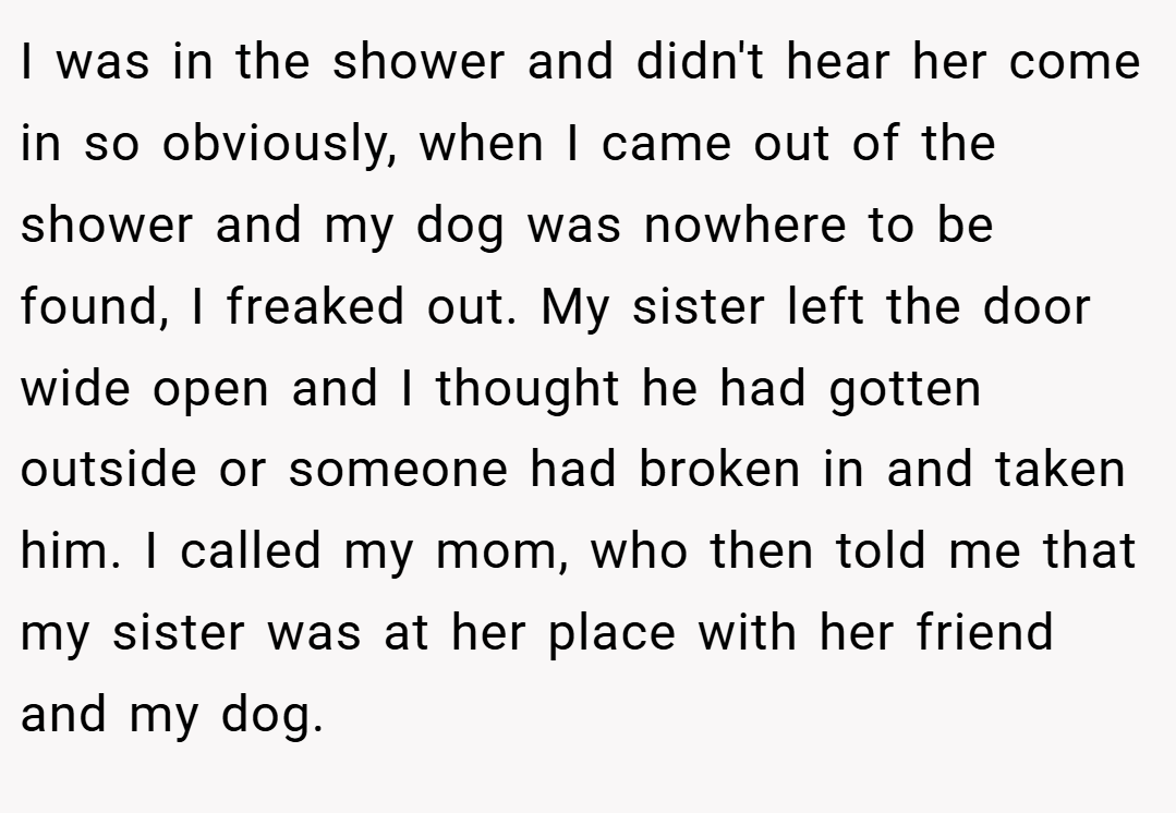 I was in the shower and didn't hear her come in so obviously, when I came out of the shower and my dog was nowhere to be found, I freaked out. My sister left the door wide open and I thought he had gotten outside or someone had broken in and taken him. I called my mom, who then told me that my sister was at her place with her friend and my dog.