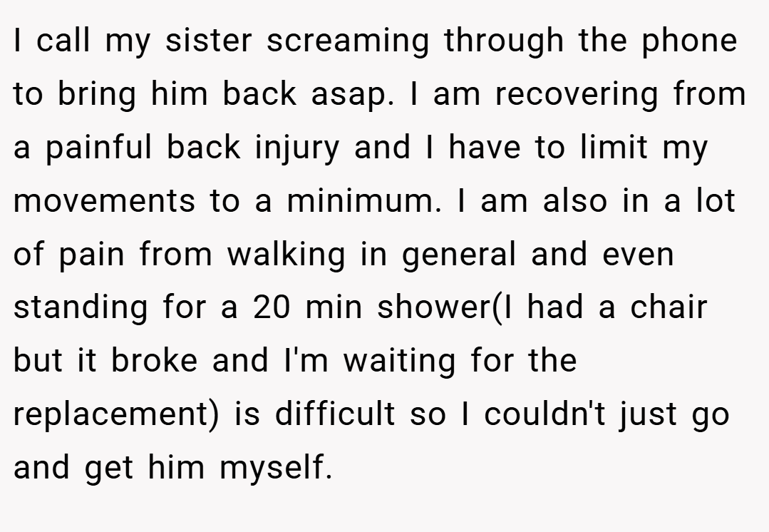 I call my sister screaming through the phone to bring him back asap. I am recovering from a painful back injury and I have to limit my movements to a minimum. I am also in a lot of pain from walking in general and even standing for a 20 min shower(I had a chair but it broke and I'm waiting for the replacement) is difficult so I couldn't just go and get him myself.
