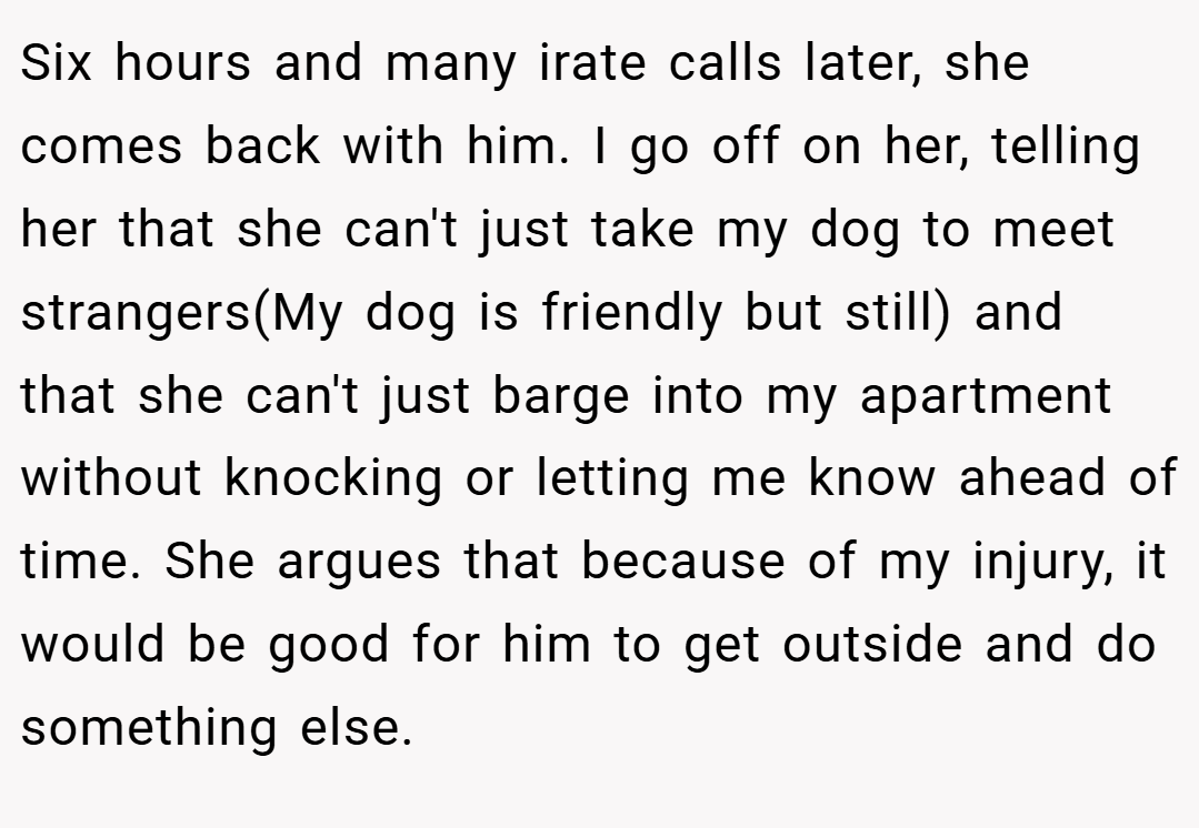 Six hours and many irate calls later, she comes back with him. I go off on her, telling her that she can't just take my dog to meet strangers(My dog is friendly but still) and that she can't just barge into my apartment without knocking or letting me know ahead of time. She argues that because of my injury, it would be good for him to get outside and do something else.