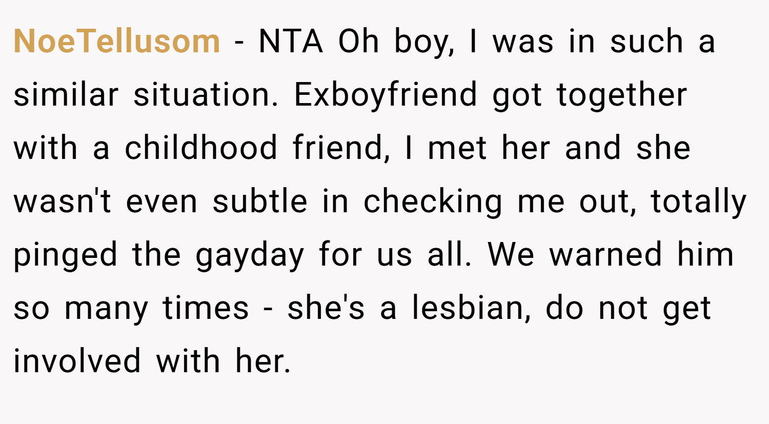 NoeTellusom − NTA Oh boy, I was in such a similar situation. Exboyfriend got together with a childhood friend, I met her and she wasn't even subtle in checking me out, totally pinged the gayday for us all. We warned him so many times - she's a lesbian, do not get involved with her.