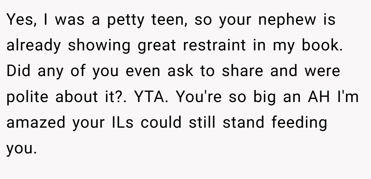 Yes, I was a petty teen, so your nephew is already showing great restraint in my book. Did any of you even ask to share and were polite about it?. YTA. You're so big an AH I'm amazed your ILs could still stand feeding you.