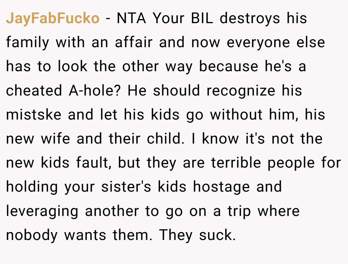 JayFabFucko − NTA Your BIL destroys his family with an affair and now everyone else has to look the other way because he's a cheated A-hole? He should recognize his mistske and let his kids go without him, his new wife and their child. I know it's not the new kids fault, but they are terrible people for holding your sister's kids hostage and leveraging another to go on a trip where nobody wants them. They suck.