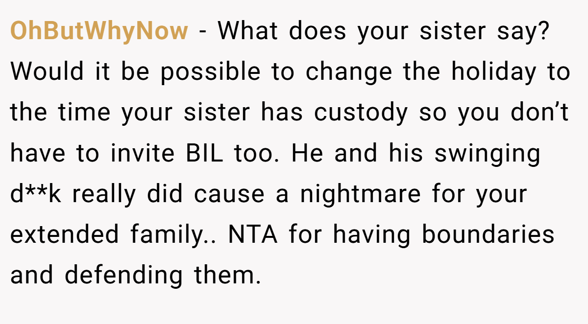 OhButWhyNow − What does your sister say? Would it be possible to change the holiday to the time your sister has custody so you don’t have to invite BIL too. He and his swinging d**k really did cause a nightmare for your extended family.. NTA for having boundaries and defending them.