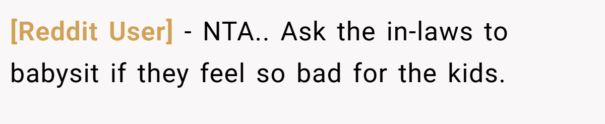[Reddit User] − NTA.. Ask the in-laws to babysit if they feel so bad for the kids.