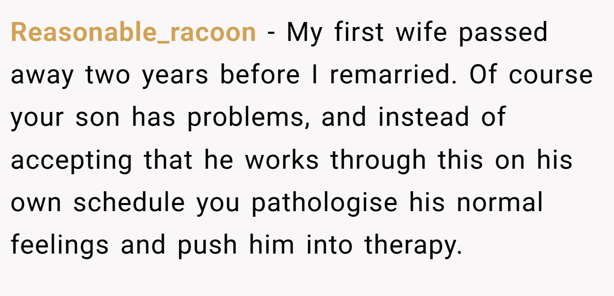 Reasonable_racoon − My first wife passed away two years before I remarried. Of course your son has problems, and instead of accepting that he works through this on his own schedule you pathologise his normal feelings and push him into therapy.