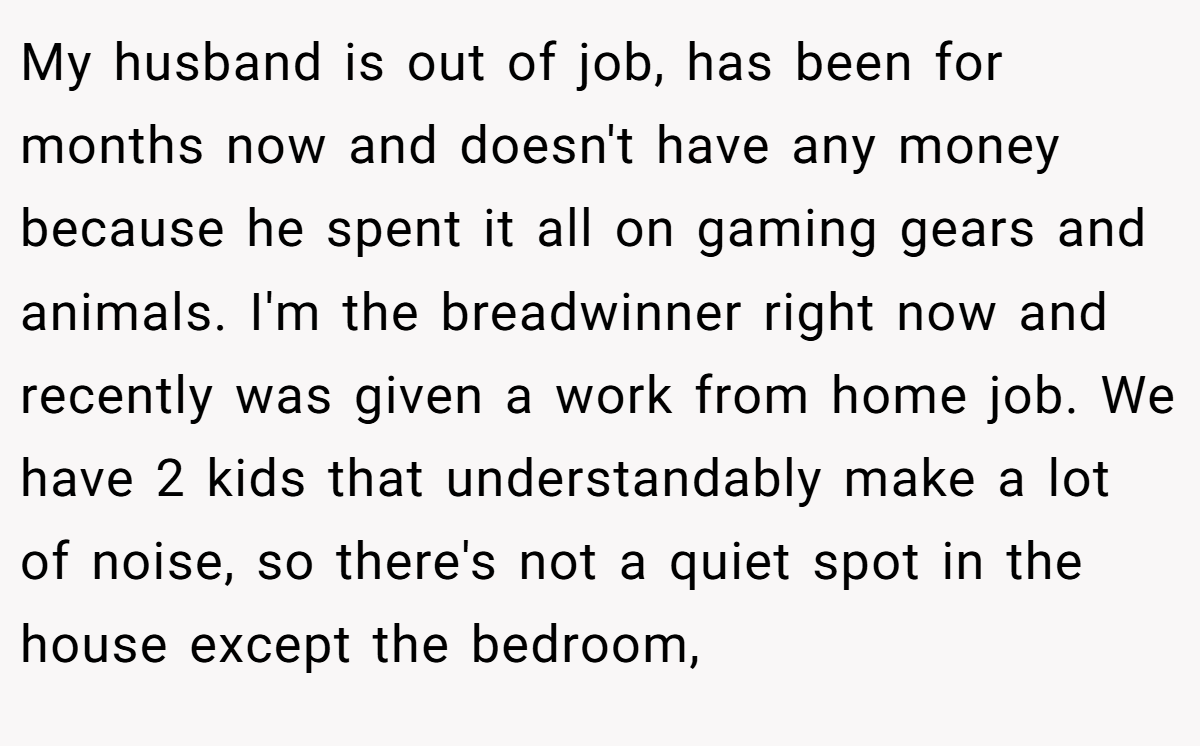 My husband is out of job, has been for months now and doesn't have any money because he spent it all on gaming gears and animals. I'm the breadwinner right now and recently was given a work from home job. We have 2 kids that understandably make a lot of noise, so there's not a quiet spot in the house except the bedroom,