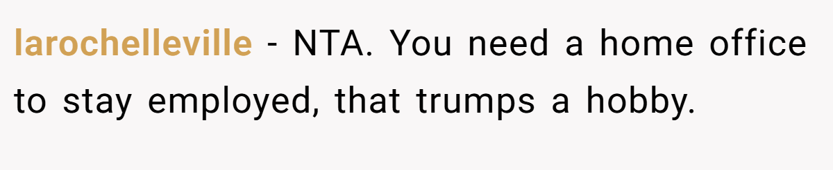 larochelleville − NTA. You need a home office to stay employed, that trumps a hobby.