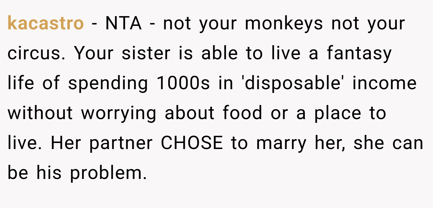 kacastro − NTA - not your monkeys not your circus. Your sister is able to live a fantasy life of spending 1000s in 'disposable' income without worrying about food or a place to live. Her partner CHOSE to marry her, she can be his problem.