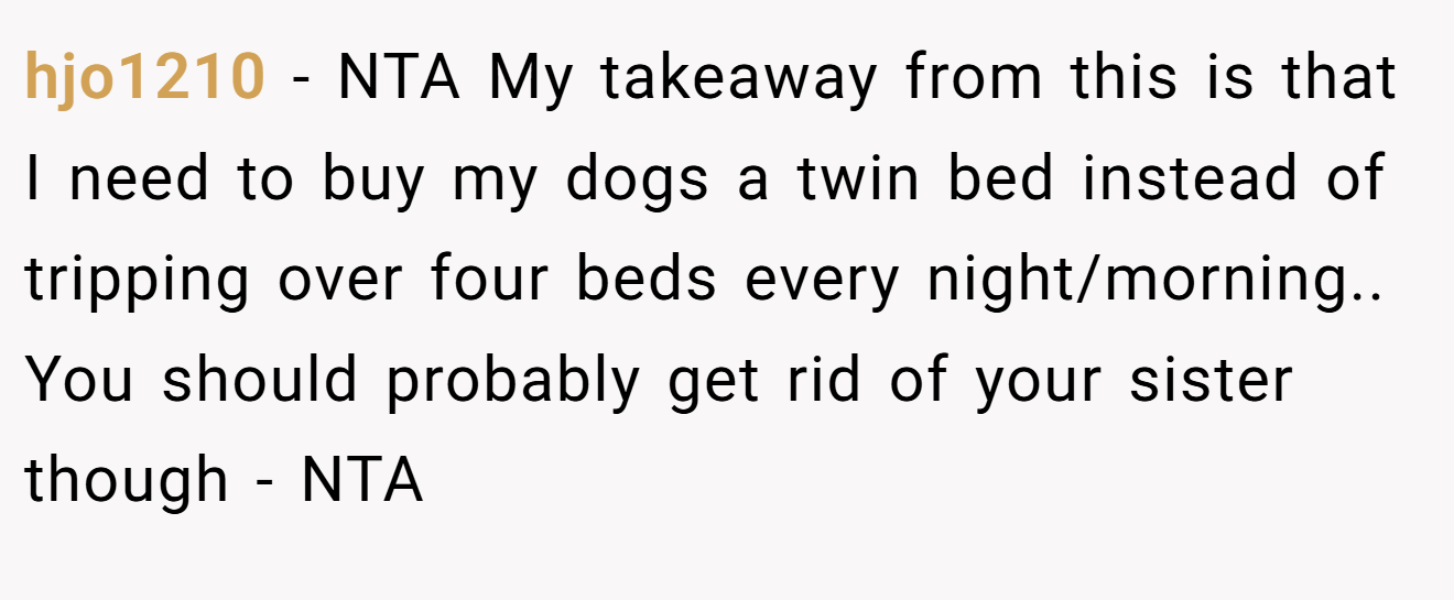 hjo1210 - NTA My takeaway from this is that I need to buy my dogs a twin bed instead of tripping over four beds every night/morning.. You should probably get rid of your sister though - NTA
