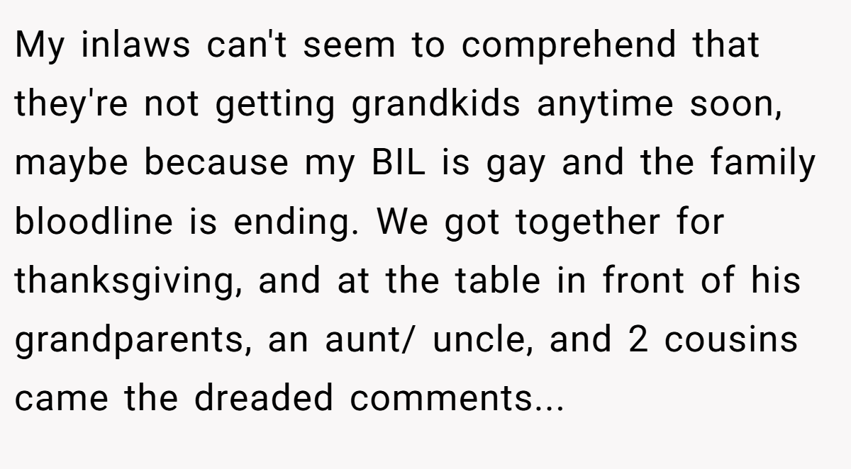 My inlaws can't seem to comprehend that they're not getting grandkids anytime soon, maybe because my BIL is gay and the family bloodline is ending. We got together for thanksgiving, and at the table in front of his grandparents, an aunt/ uncle, and 2 cousins came the dreaded comments...