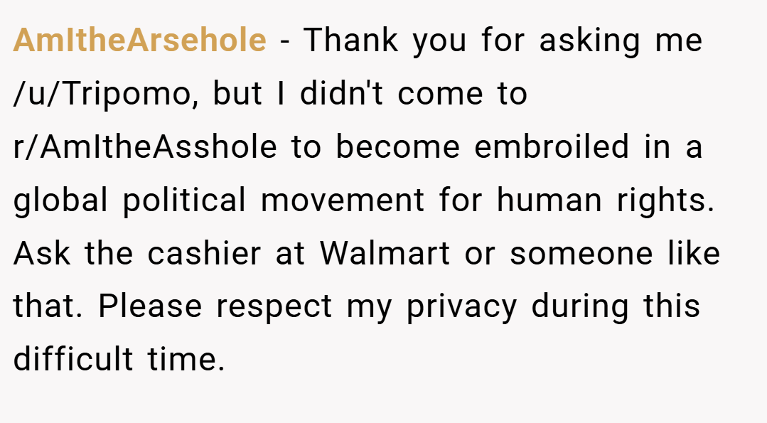 AmItheArsehole − Thank you for asking me /u/Tripomo, but I didn't come to r/AmItheAsshole to become embroiled in a global political movement for human rights. Ask the cashier at Walmart or someone like that. Please respect my privacy during this difficult time.