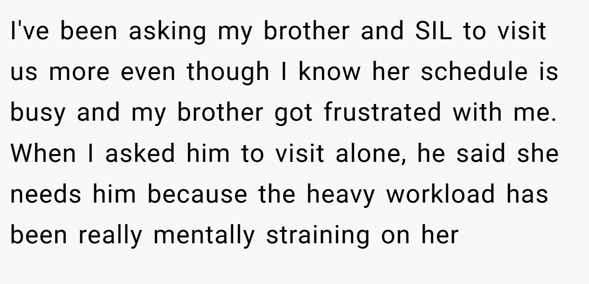 I've been asking my brother and SIL to visit us more even though I know her schedule is busy and my brother got frustrated with me. When I asked him to visit alone, he said she needs him because the heavy workload has been really mentally straining on her