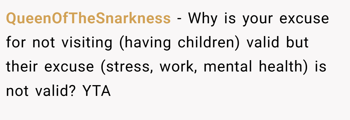 QueenOfTheSnarkness − Why is your excuse for not visiting (having children) valid but their excuse (stress, work, mental health) is not valid? YTA