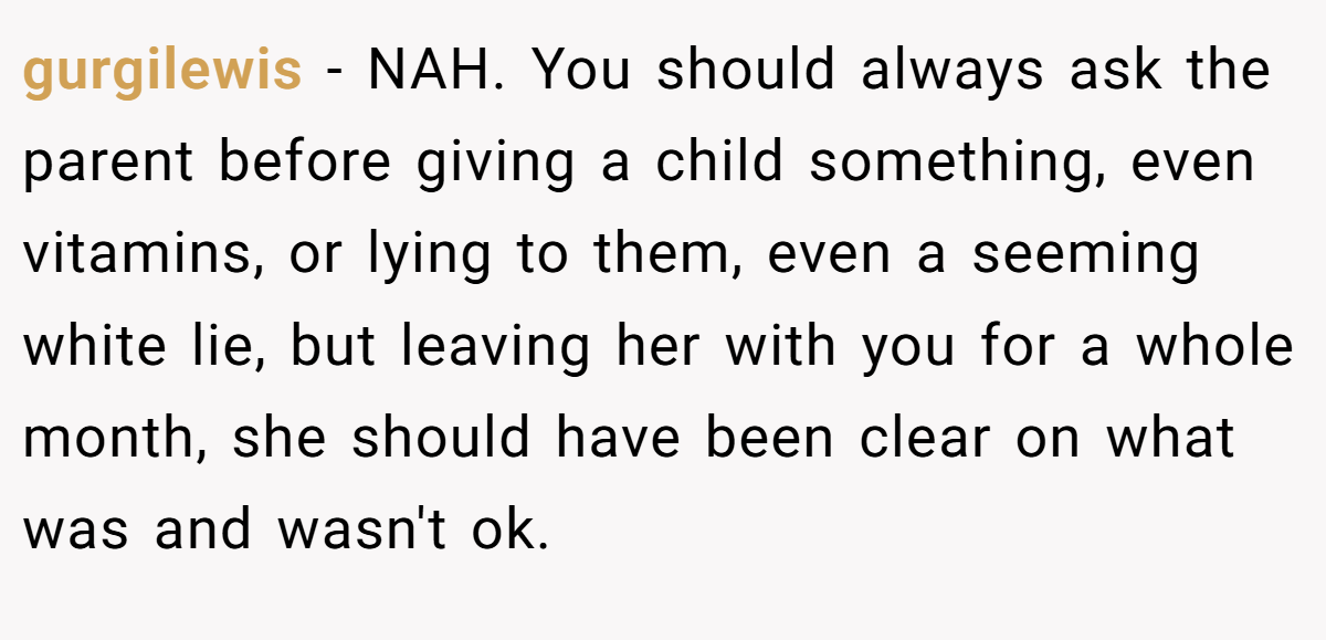 gurgilewis − NAH. You should always ask the parent before giving a child something, even vitamins, or lying to them, even a seeming white lie, but leaving her with you for a whole month, she should have been clear on what was and wasn't ok.