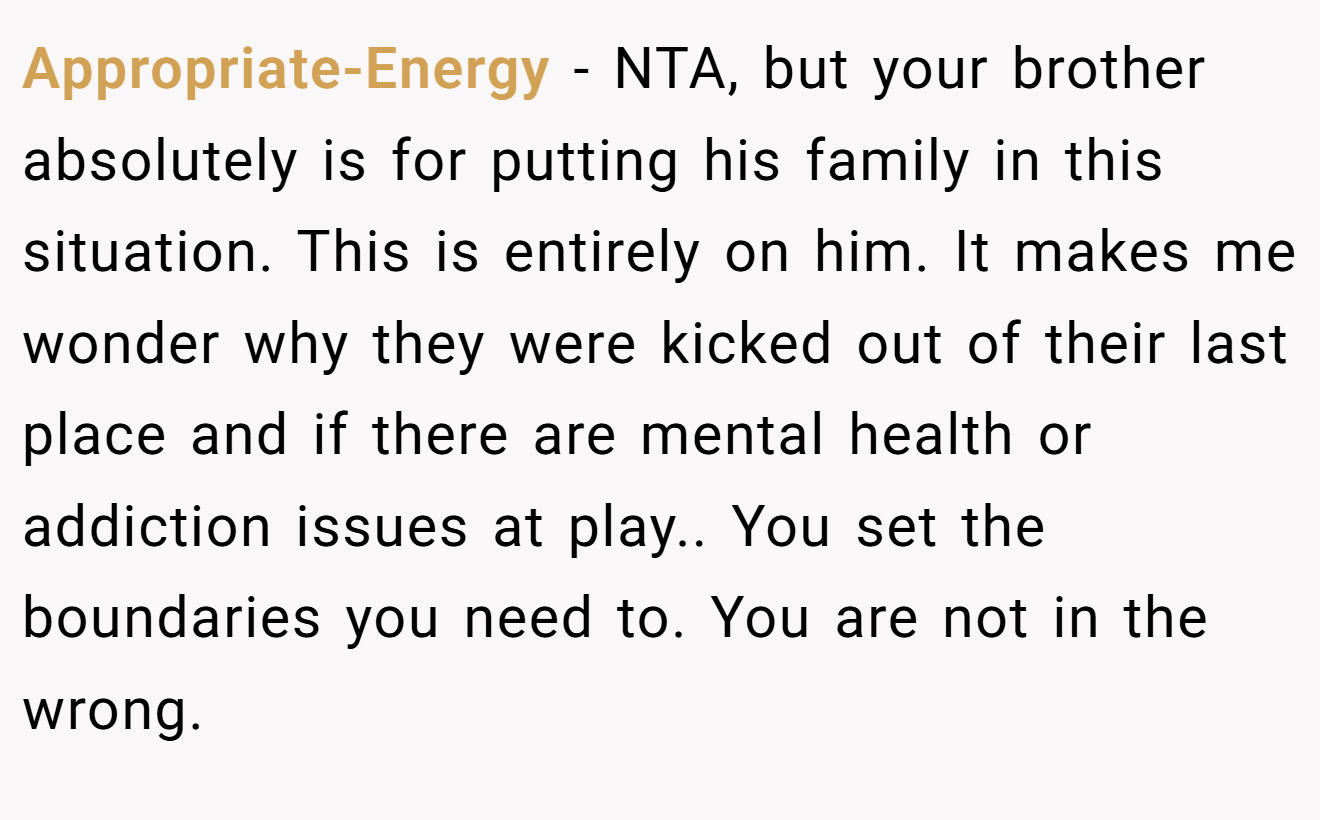 Appropriate-Energy - NTA, but your brother absolutely is for putting his family in this situation. This is entirely on him. It makes me wonder why they were kicked out of their last place and if there are mental health or addiction issues at play.. You set the boundaries you need to. You are not in the wrong.