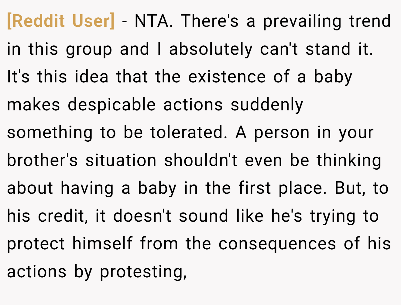 [Reddit User] - NTA. There's a prevailing trend in this group and I absolutely can't stand it. It's this idea that the existence of a baby makes despicable actions suddenly something to be tolerated. A person in your brother's situation shouldn't even be thinking about having a baby in the first place. But, to his credit, it doesn't sound like he's trying to protect himself from the consequences of his actions by protesting,