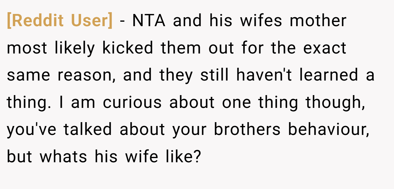[Reddit User] - NTA and his wifes mother most likely kicked them out for the exact same reason, and they still haven't learned a thing. I am curious about one thing though, you've talked about your brothers behaviour, but whats his wife like?