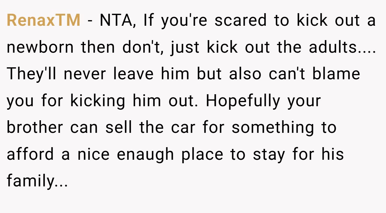 RenaxTM - NTA, If you're scared to kick out a newborn then don't, just kick out the adults.... They'll never leave him but also can't blame you for kicking him out. Hopefully your brother can sell the car for something to afford a nice enaugh place to stay for his family...