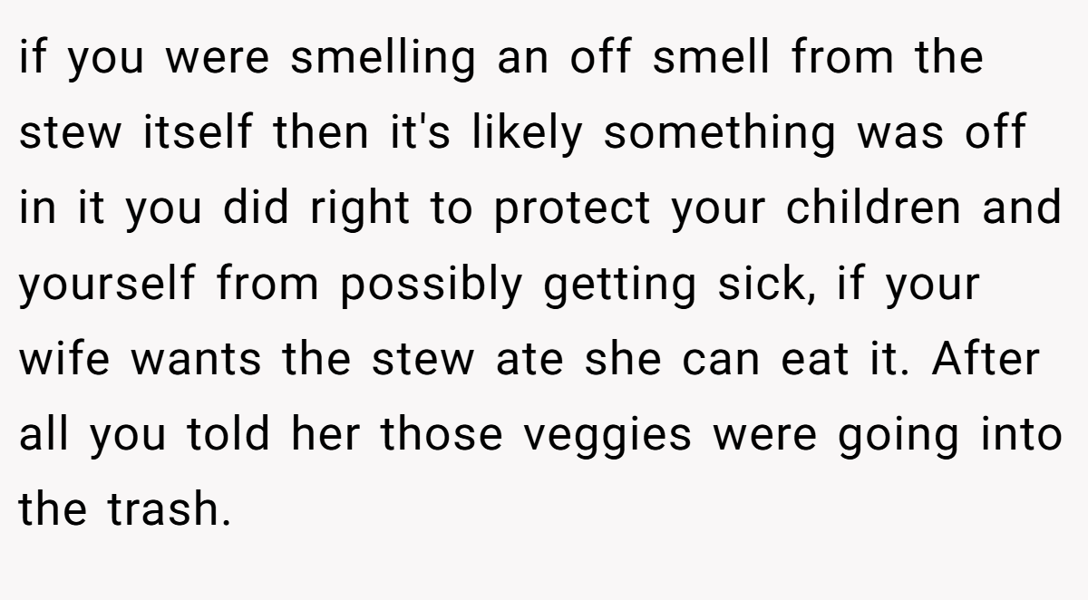 if you were smelling an off smell from the stew itself then it's likely something was off in it you did right to protect your children and yourself from possibly getting sick, if your wife wants the stew ate she can eat it. After all you told her those veggies were going into the trash.