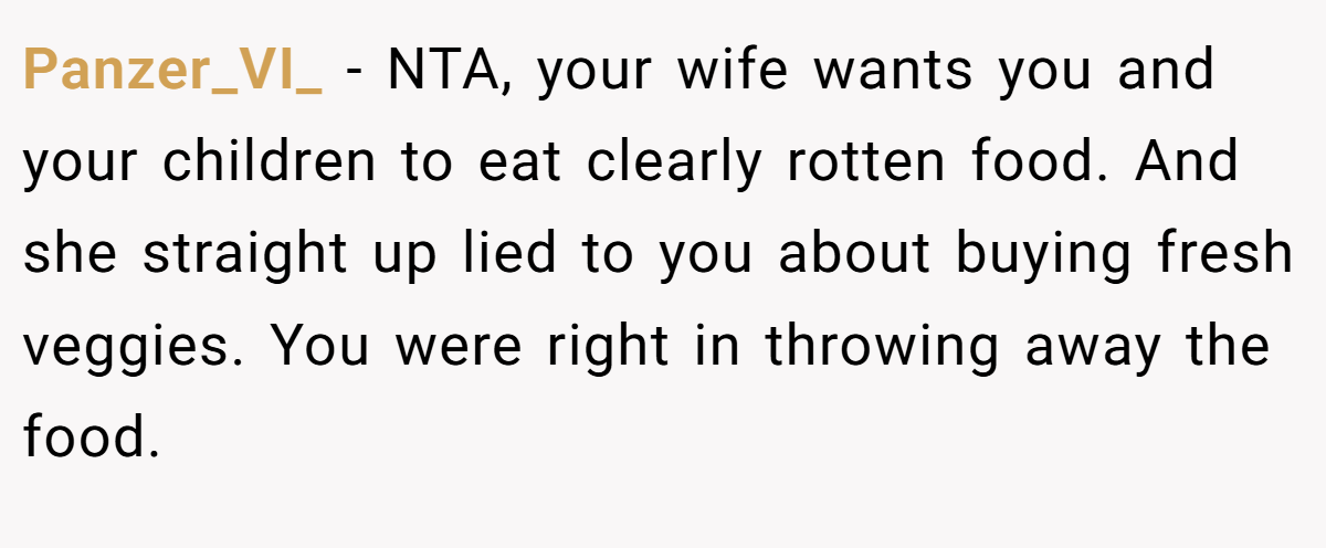 Panzer_VI_ − NTA, your wife wants you and your children to eat clearly rotten food. And she straight up lied to you about buying fresh veggies. You were right in throwing away the food.
