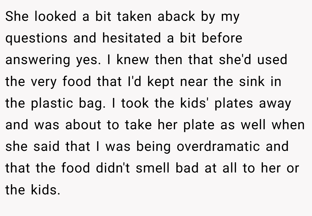 She looked a bit taken aback by my questions and hesitated a bit before answering yes. I knew then that she'd used the very food that I'd kept near the sink in the plastic bag. I took the kids' plates away and was about to take her plate as well when she said that I was being overdramatic and that the food didn't smell bad at all to her or the kids.