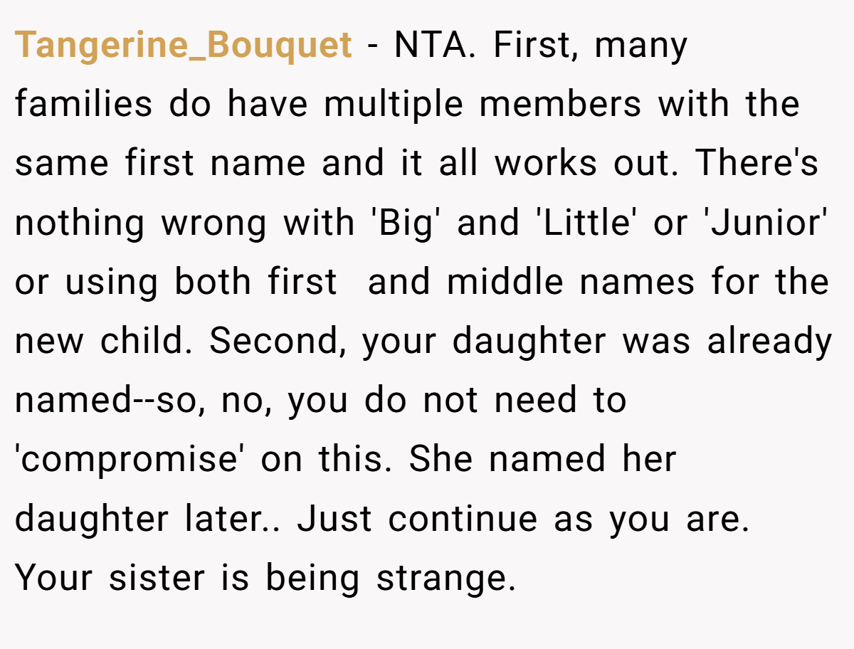 Tangerine_Bouquet - NTA. First, many families do have multiple members with the same first name and it all works out. There's nothing wrong with 'Big' and 'Little' or 'Junior' or using both first  and middle names for the new child. Second, your daughter was already named--so, no, you do not need to 'compromise' on this. She named her daughter later.. Just continue as you are. Your sister is being strange.