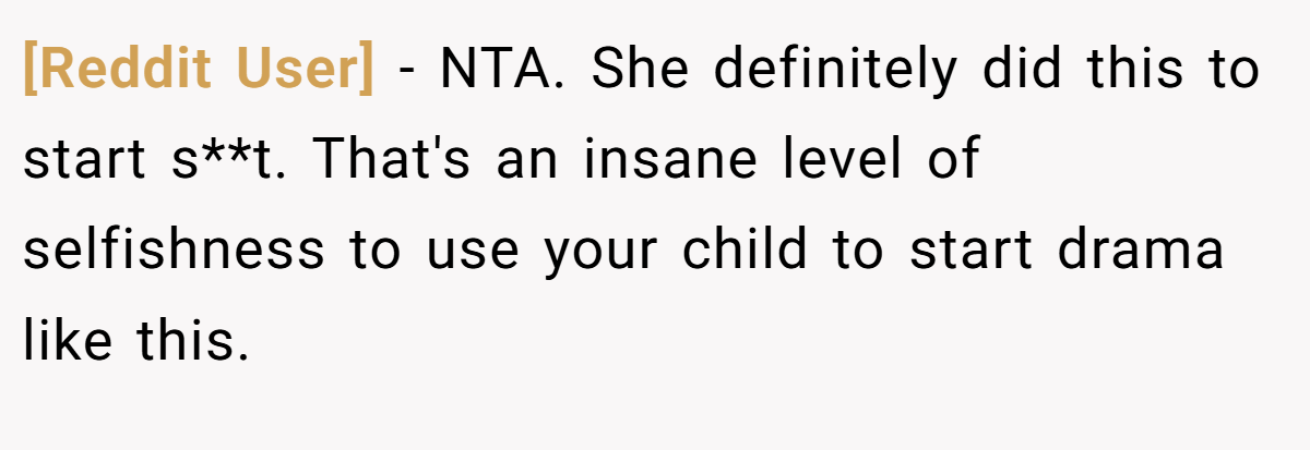 [Reddit User] - NTA. She definitely did this to start s**t. That's an insane level of selfishness to use your child to start drama like this.
