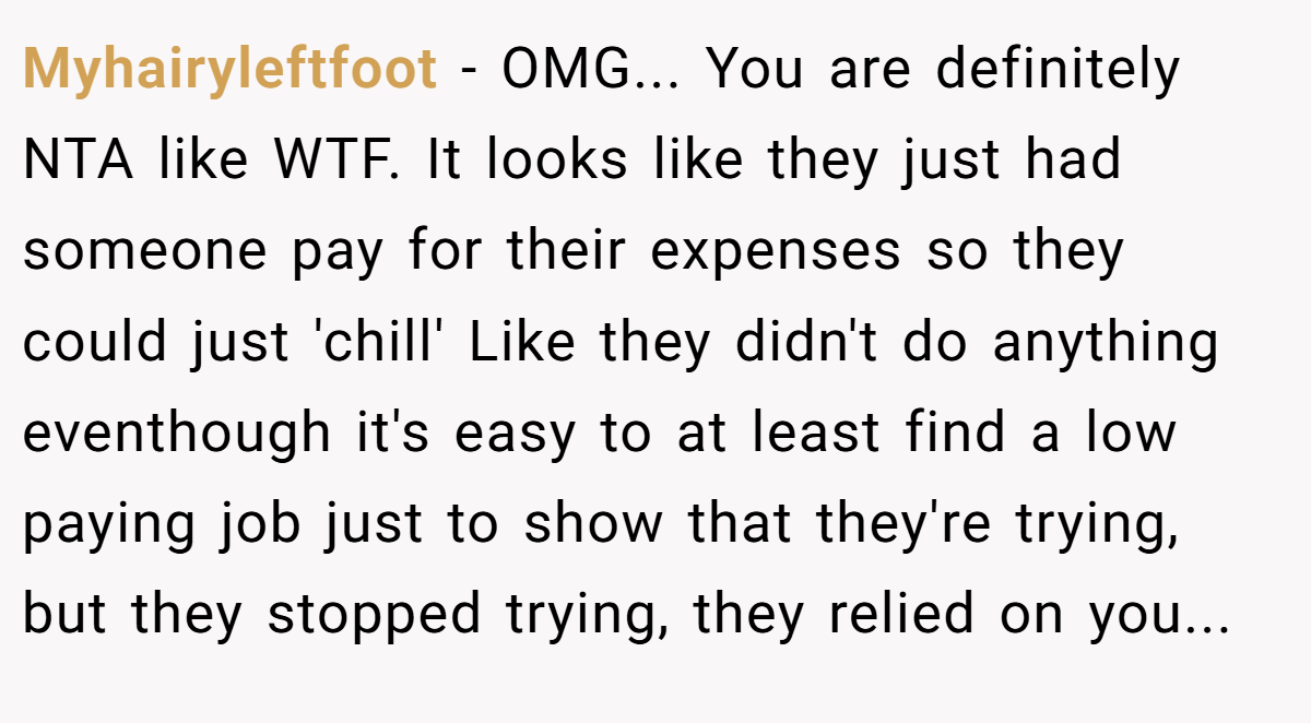 Myhairyleftfoot − OMG... You are definitely NTA like WTF. It looks like they just had someone pay for their expenses so they could just 'chill' Like they didn't do anything eventhough it's easy to at least find a low paying job just to show that they're trying, but they stopped trying, they relied on you...