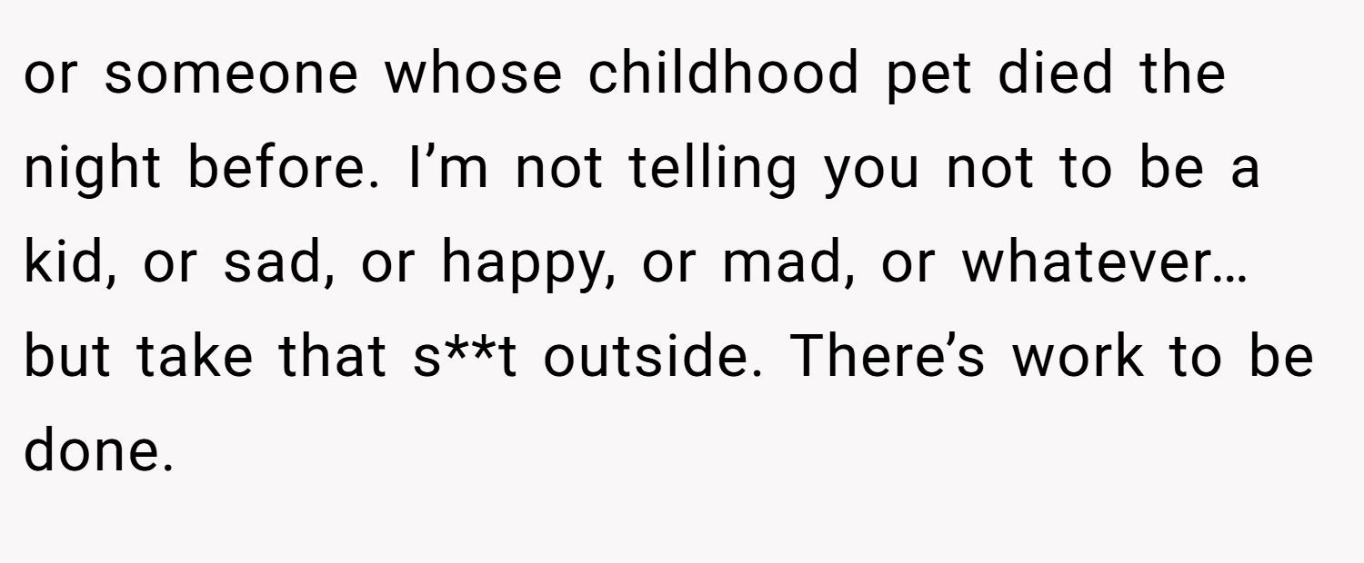 or someone whose childhood pet died the night before. I’m not telling you not to be a kid, or sad, or happy, or mad, or whatever… but take that s**t outside. There’s work to be done.