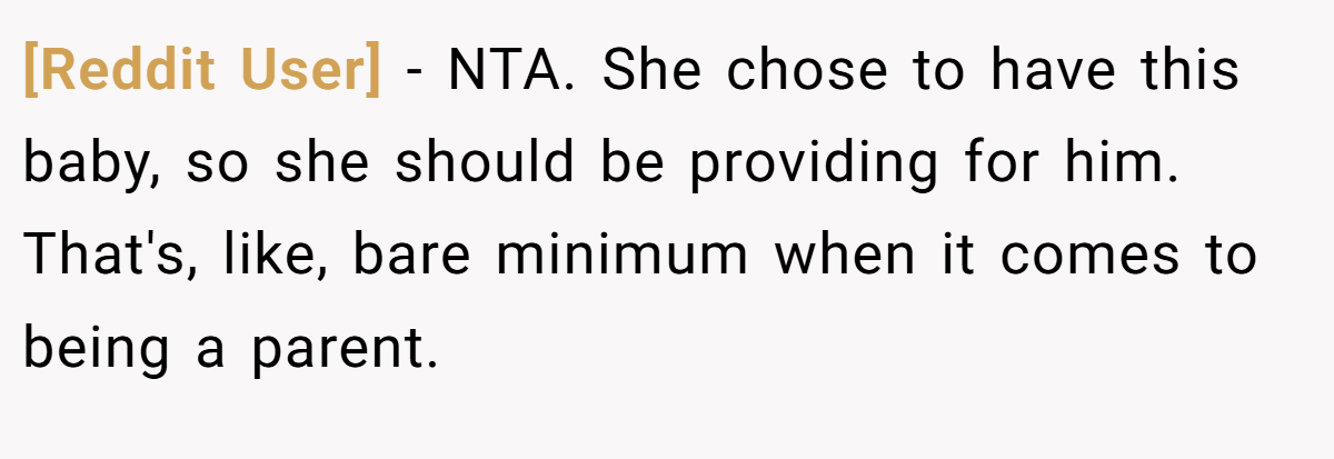 [Reddit User] − NTA. She chose to have this baby, so she should be providing for him. That's, like, bare minimum when it comes to being a parent.