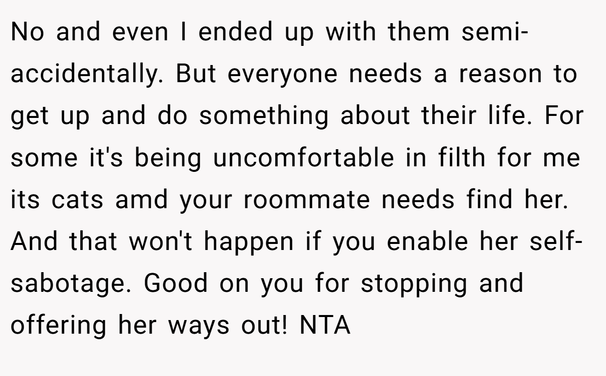 No and even I ended up with them semi-accidentally. But everyone needs a reason to get up and do something about their life. For some it's being uncomfortable in filth for me its cats amd your roommate needs find her. And that won't happen if you enable her self-sabotage. Good on you for stopping and offering her ways out! NTA