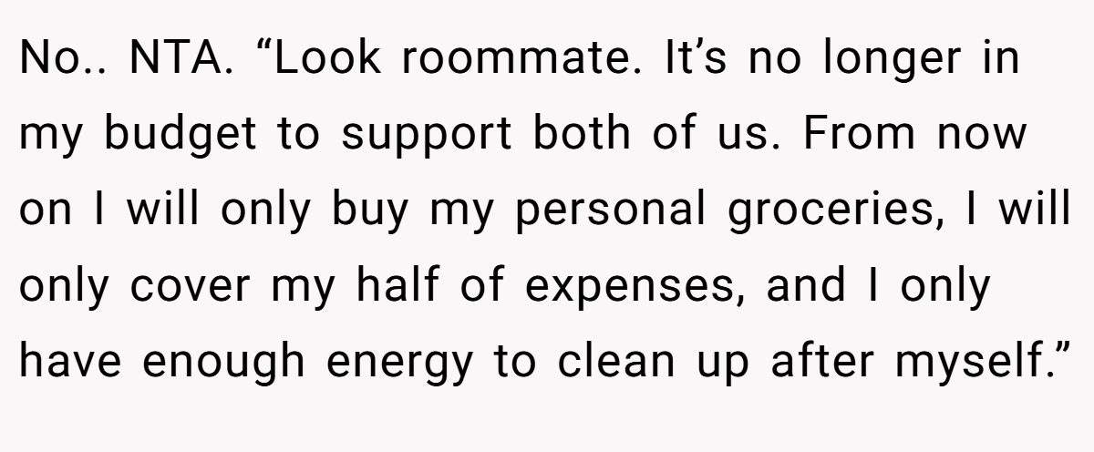 No.. NTA. “Look roommate. It’s no longer in my budget to support both of us. From now on I will only buy my personal groceries, I will only cover my half of expenses, and I only have enough energy to clean up after myself.”